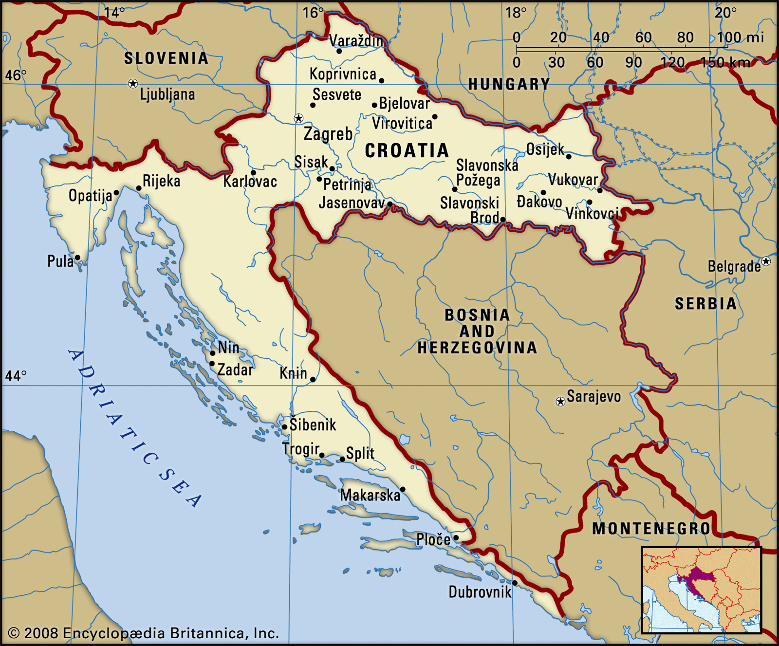 Croatia map showing its neighbours