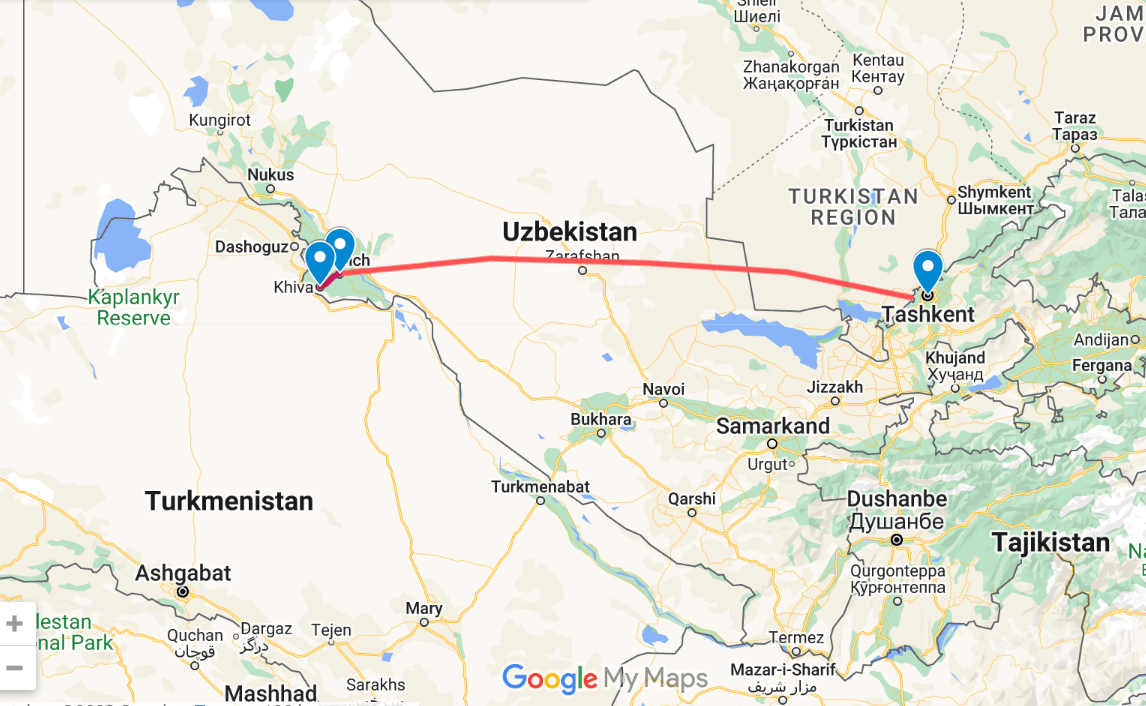 Our route from Tashkent to Khiva via Urgench