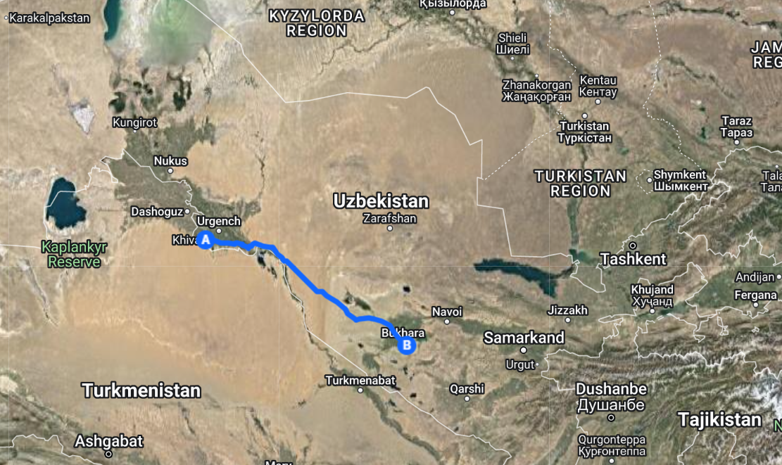 Our route from Khiva to Bukhara along the border of Turkmenistan