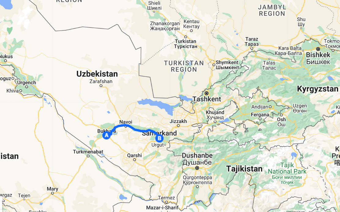 Our route from Bukhara to Samarkand
