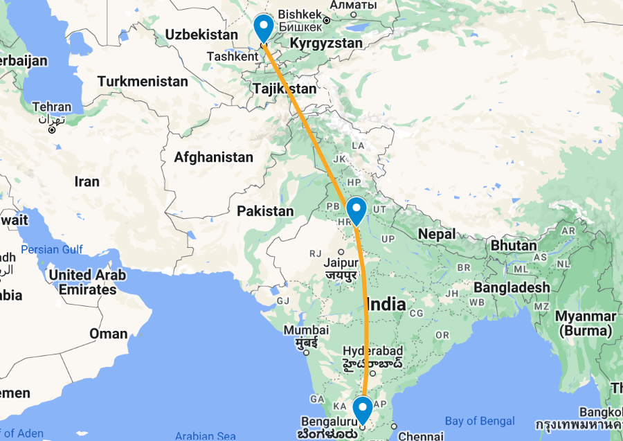 our route from bengaluru to tashkent, central asia
