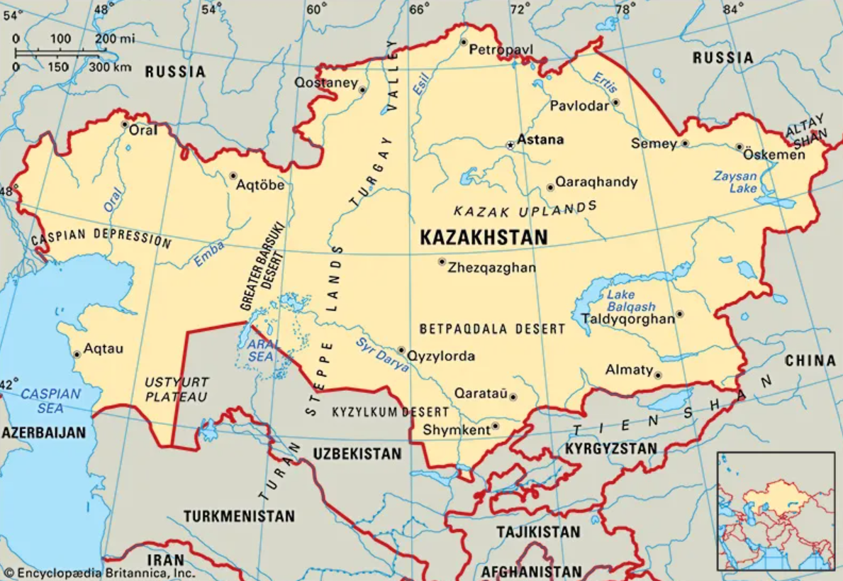 A map of Kazakhstan with its neighbouring countries