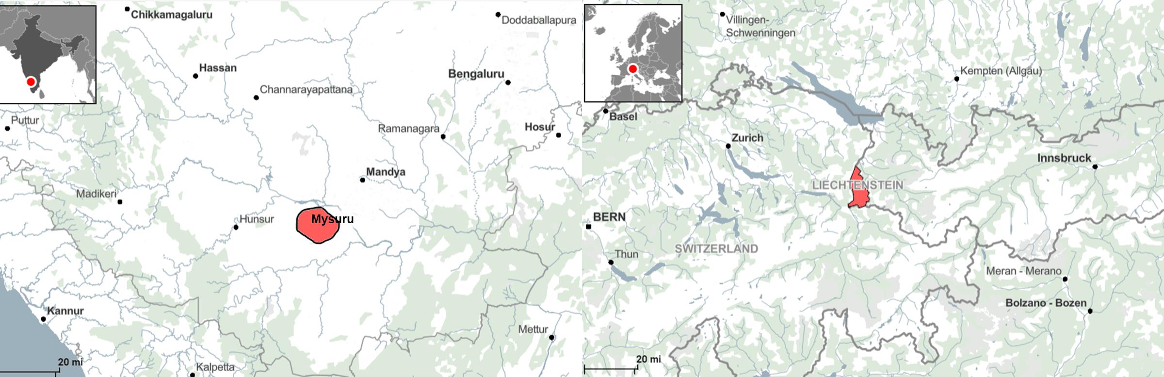 Maps comparing the size of Liechtenstein with Mysuru in terms of area