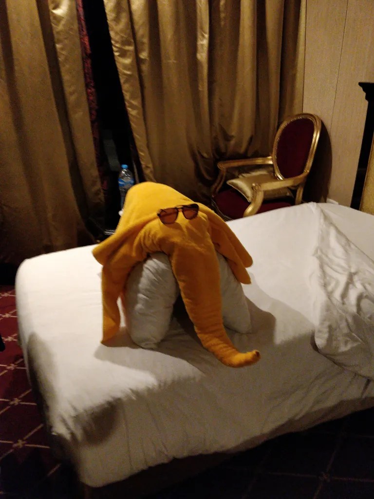 Towels arranged to form an elephant origami art