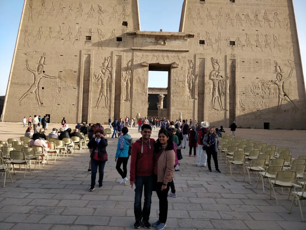 Photo outside the pylons of Edfu temple in Egypt