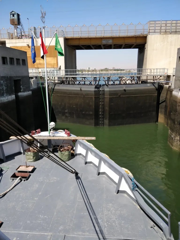 Esna lock on Nile river with boat height down