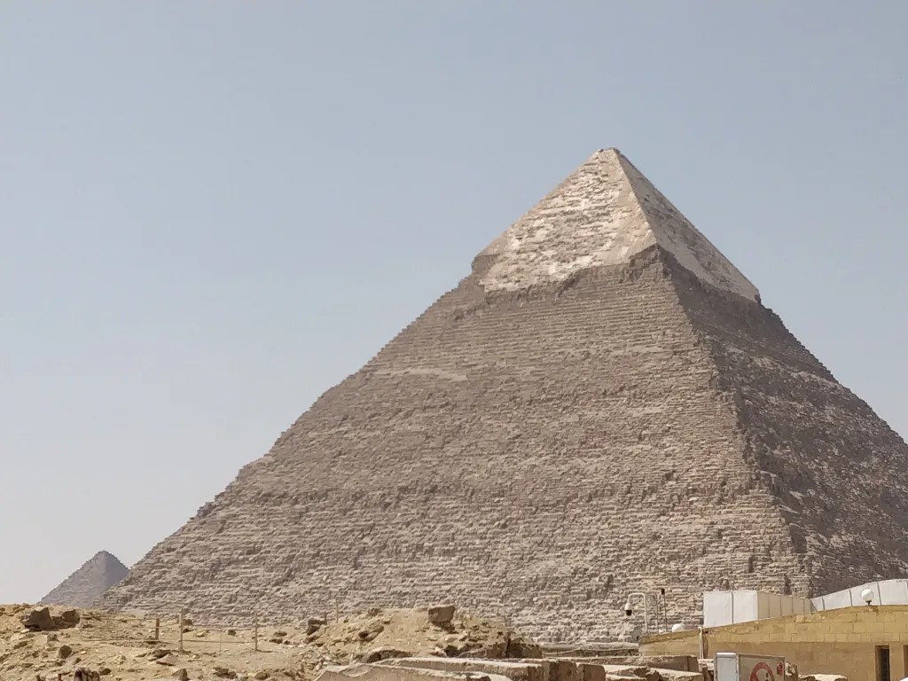 The pyramid of Khafre with its limestone casing still intact in Giza Egypt