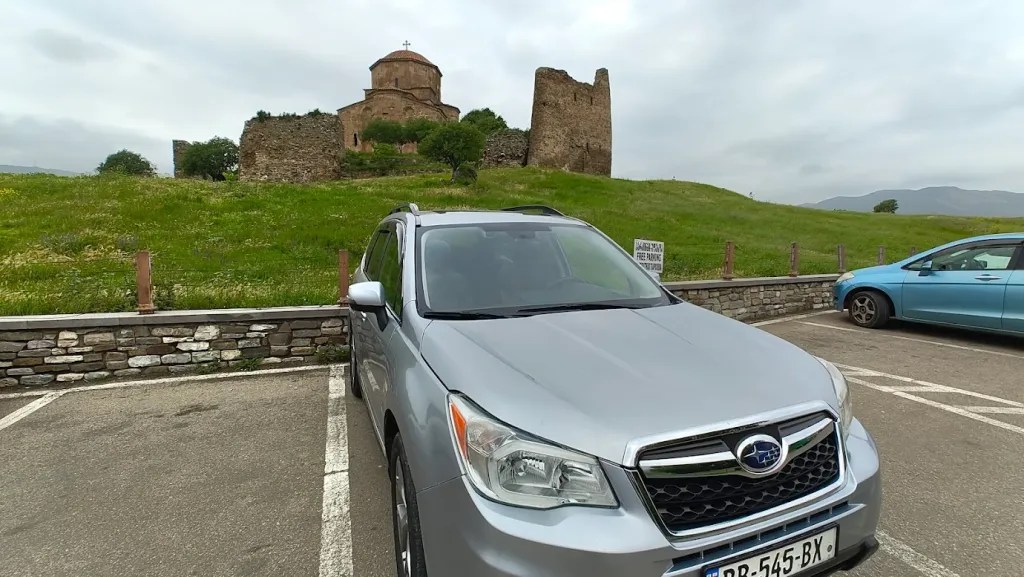 Our Subaru standing in Mtskheta, Georgian road trip