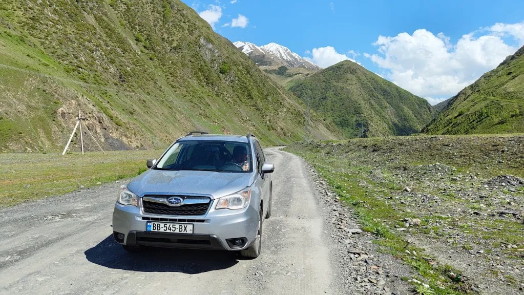 Our Subaru on the road to Juta, Kazbegi