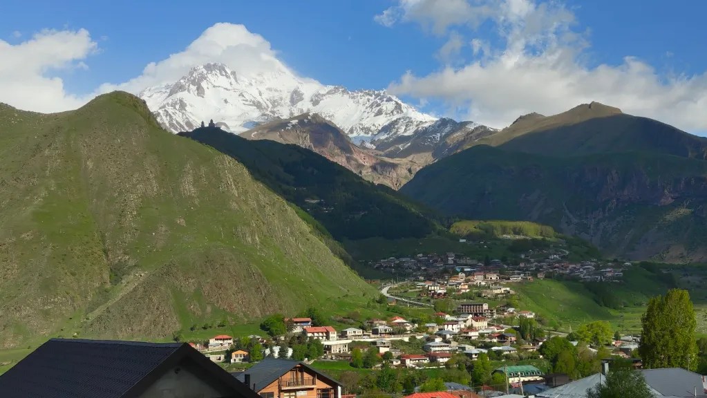 View of the Gergeti church and Kazbek mountain from our room, Kazbegi