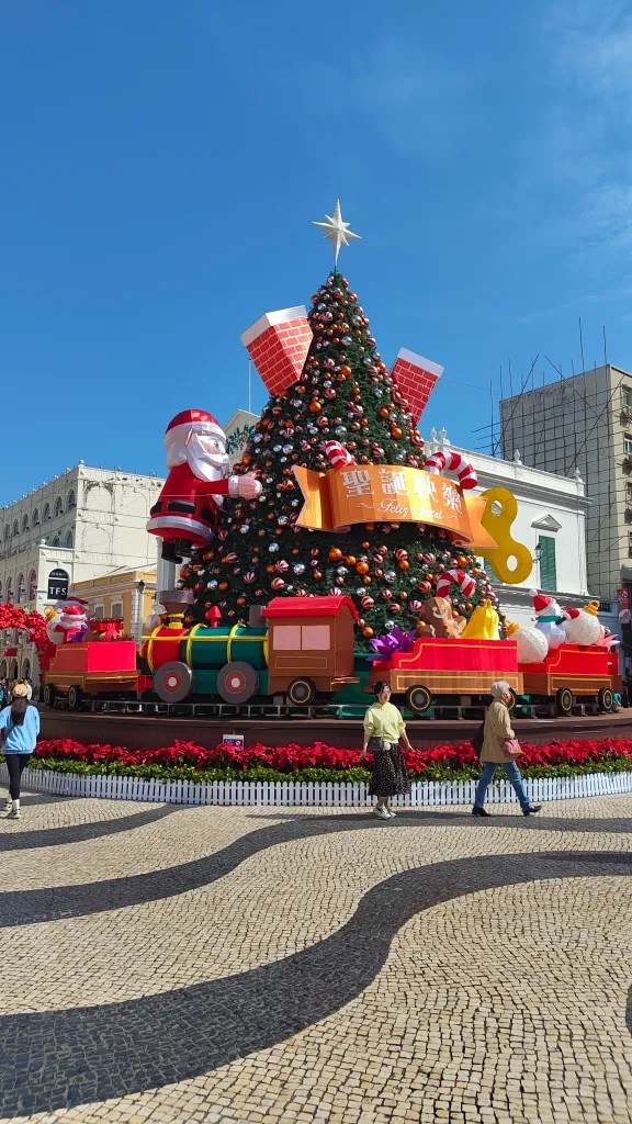 Christmas decor and tiles floors of Senado square in Macau