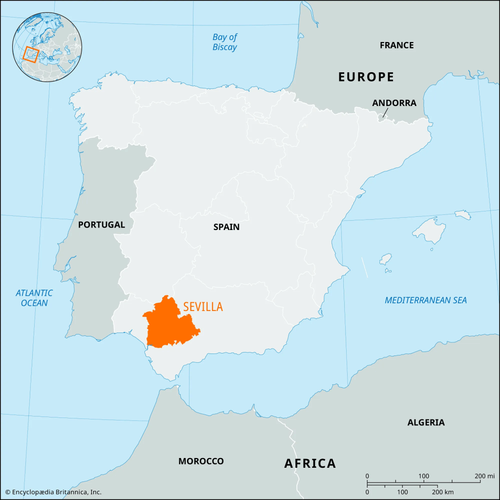 Seville is towards the south-west of Spain