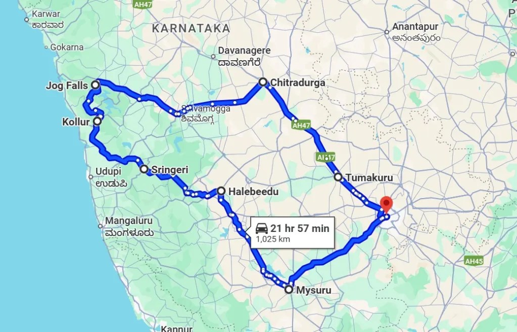 Karnataka road trip map